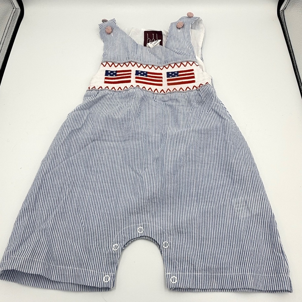 Lil Cactus Baby Smocked American Flag Seersucker Romper Blue White 18-24M